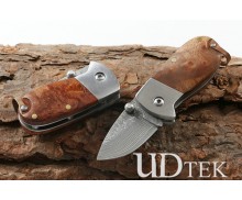 Damascus steel mini Q folding knife with wood box UD4051841